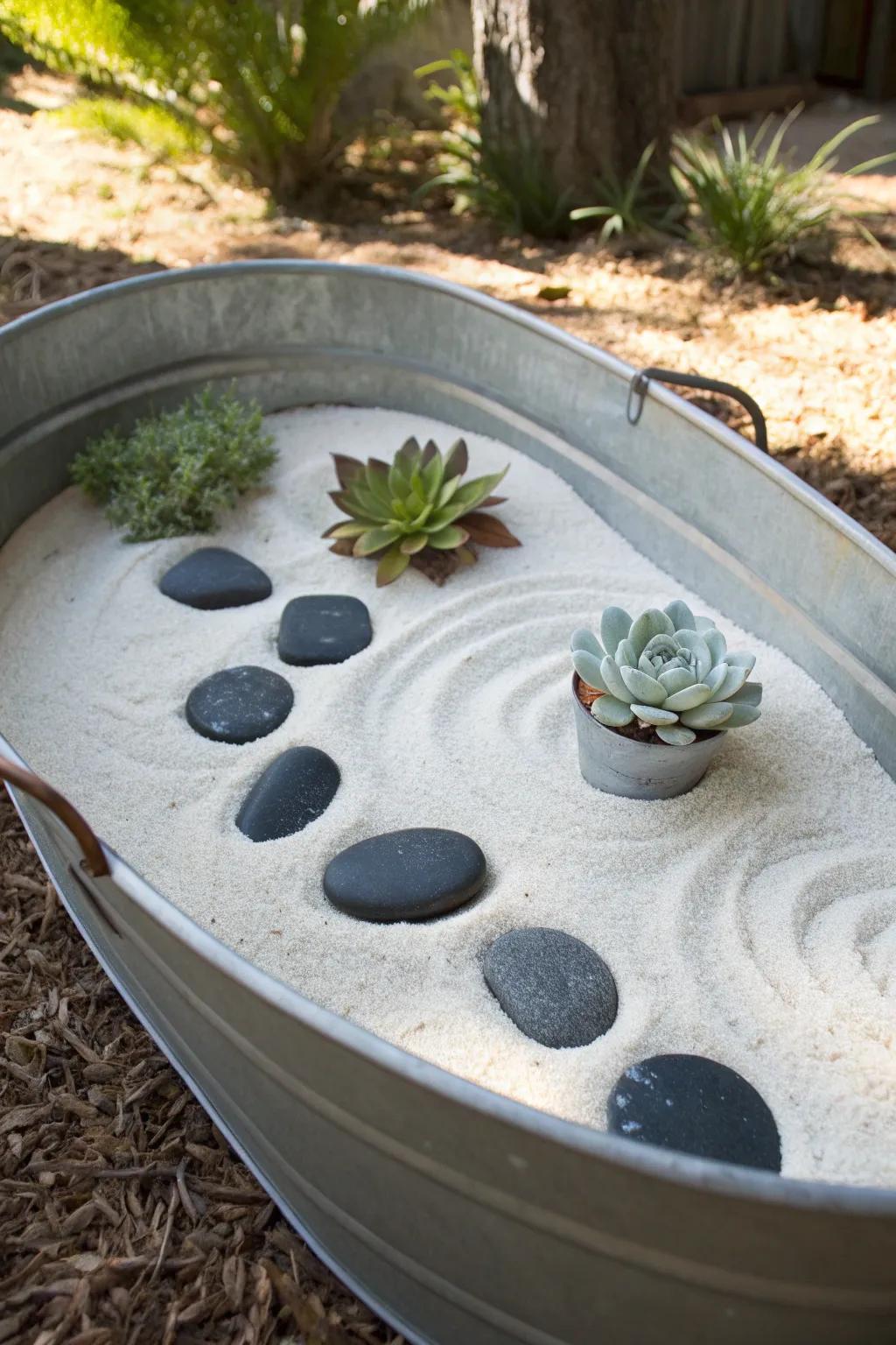 Embrace tranquility with a Zen garden in a galvanized tub, where simplicity meets serenity.