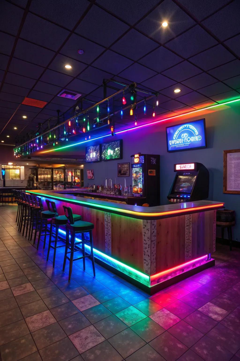 Thematic lighting effects enhance the ambiance of your game room bar.