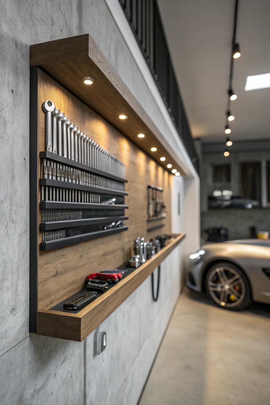 Revolutionize your garage organization with magnetic strips for a seamless and sophisticated tool display.