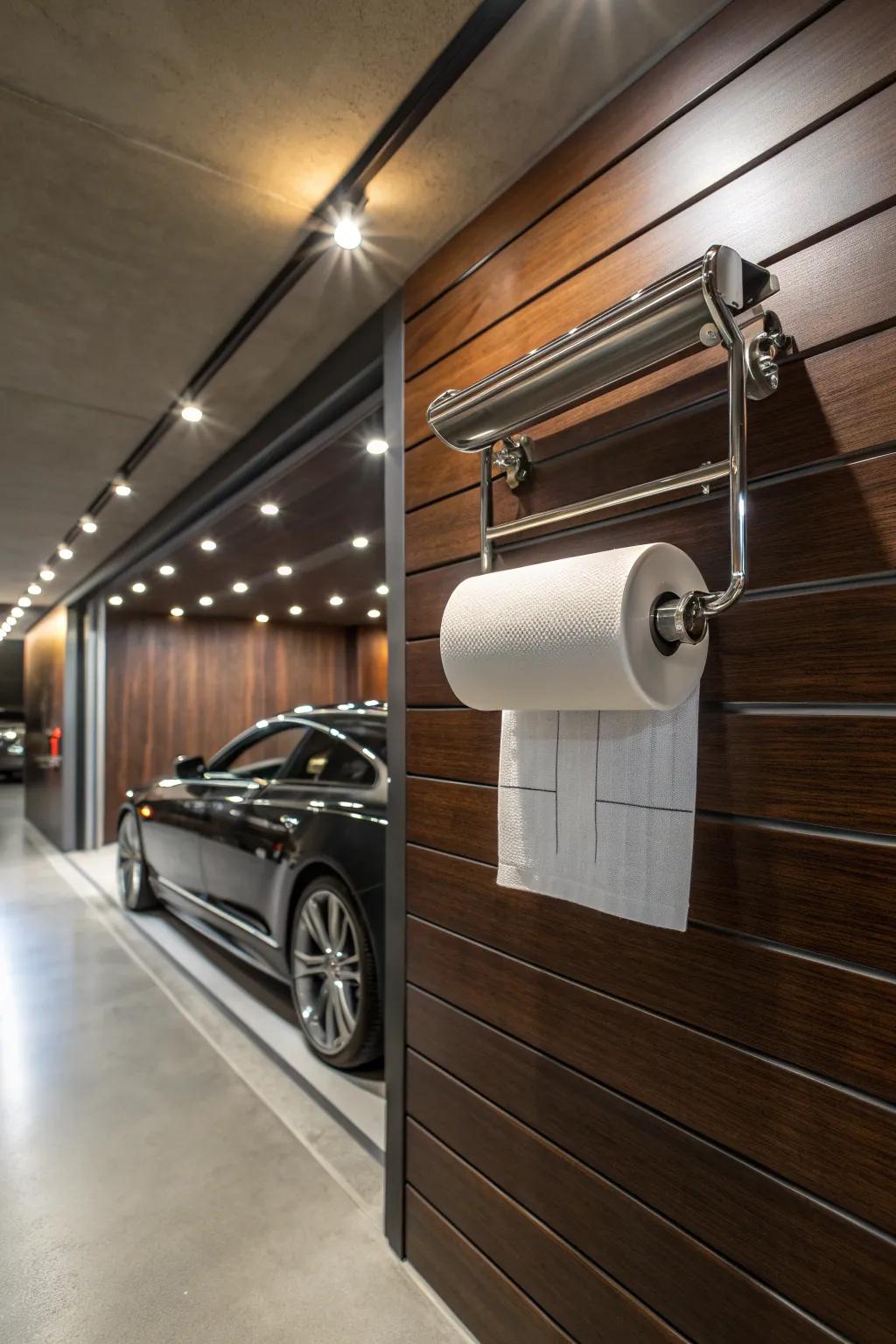 Elevate your garage with a stylish slatwall paper towel rack for effortless clean-ups.