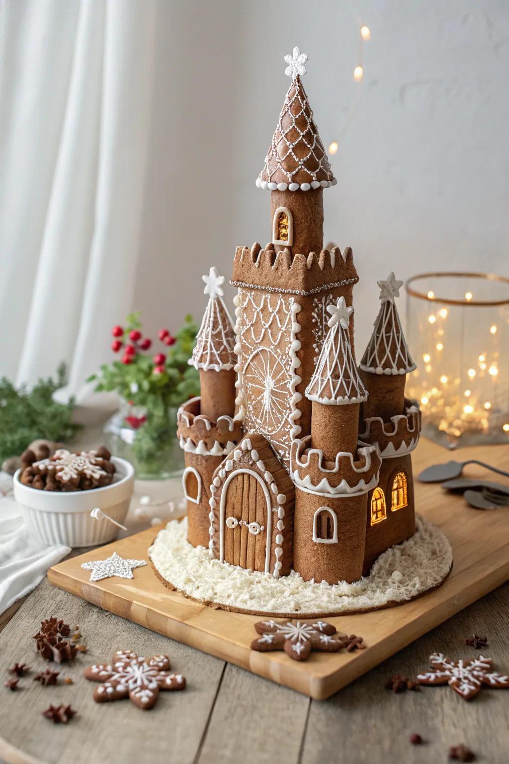 Indulge in a fairytale treat: A gingerbread castle with a decadent chocolate moat, where simplicity meets enchantment.