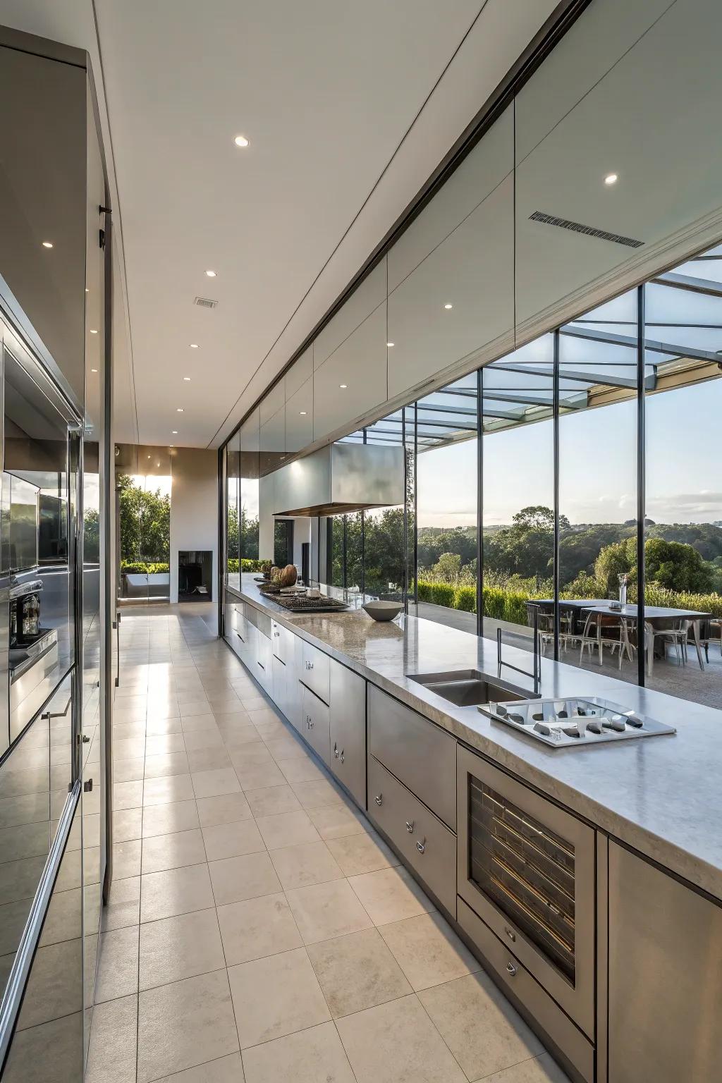 Mirrors creating an illusion of space in the kitchen.