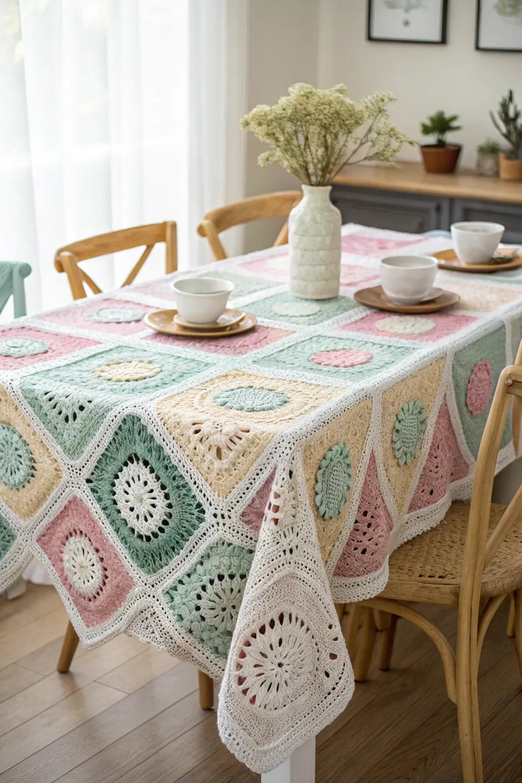 Transform your dining experience with a handmade granny square tablecloth – where simplicity meets elegance.