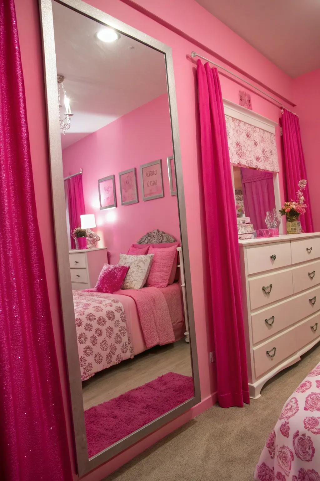 Mirrored furniture amplifies light and space in the bedroom.