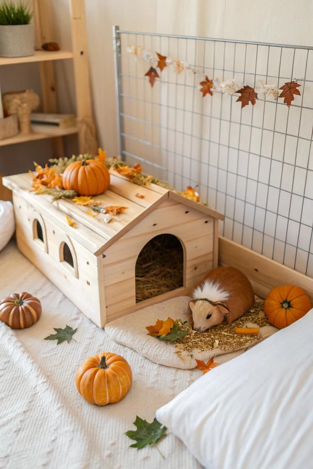 Transform your guinea pig's home with seasonal touches like these adorable mini pumpkins and leaf garlands for a cozy fall vibe!