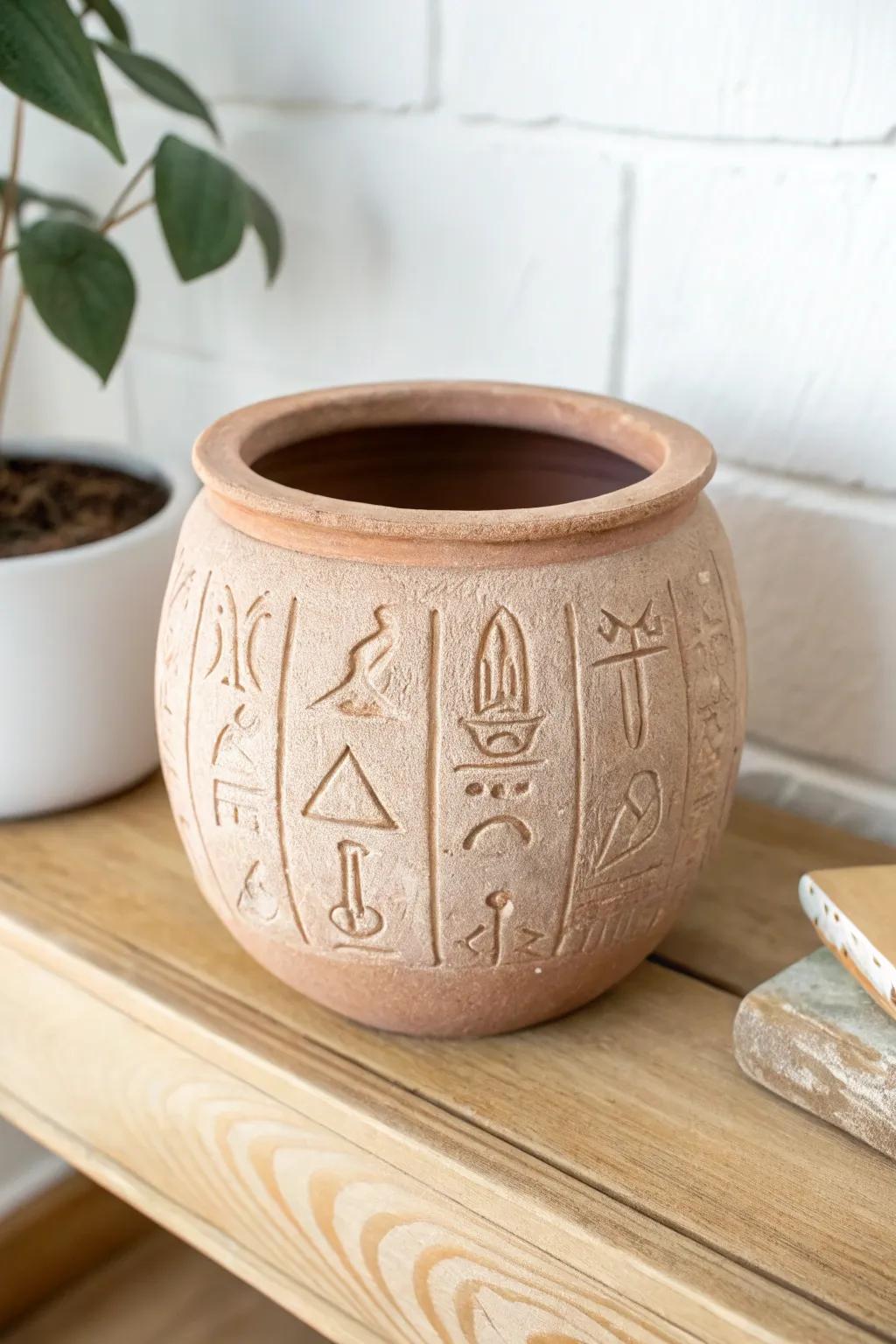 Transform your garden with the exotic charm of hieroglyphic stamped clay pots. Perfect for a minimalist yet boho-inspired touch!