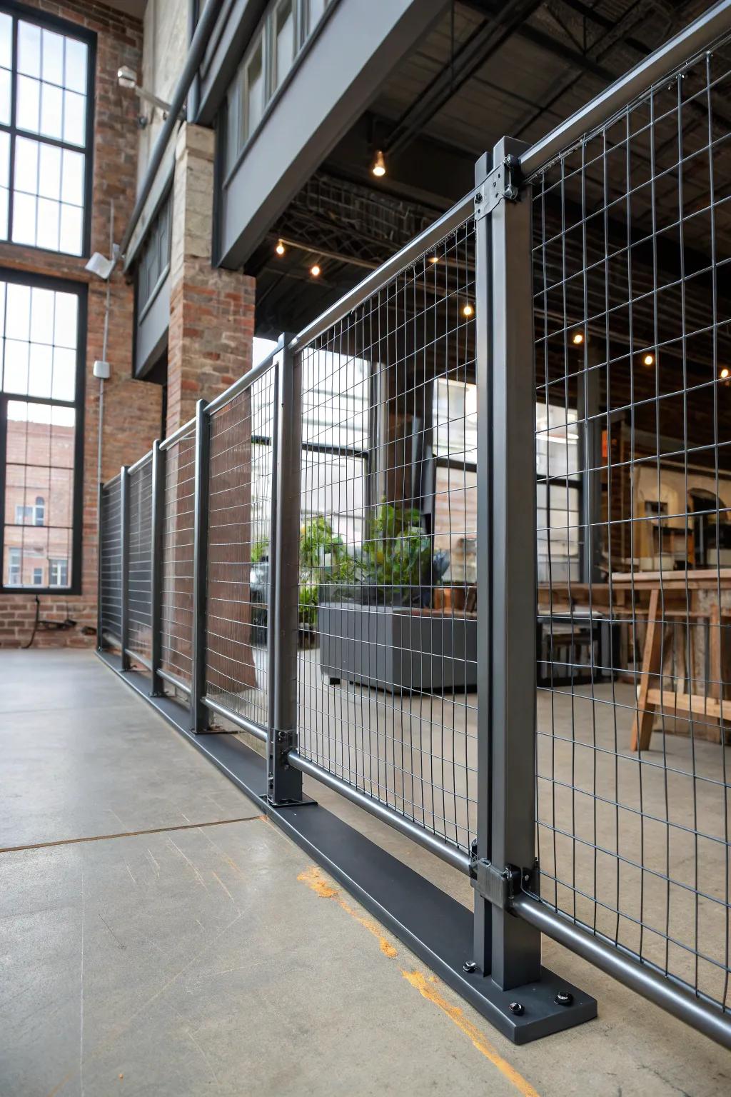 Elevate your space with industrial chic: Hog wire meets metal beams for a bold statement.