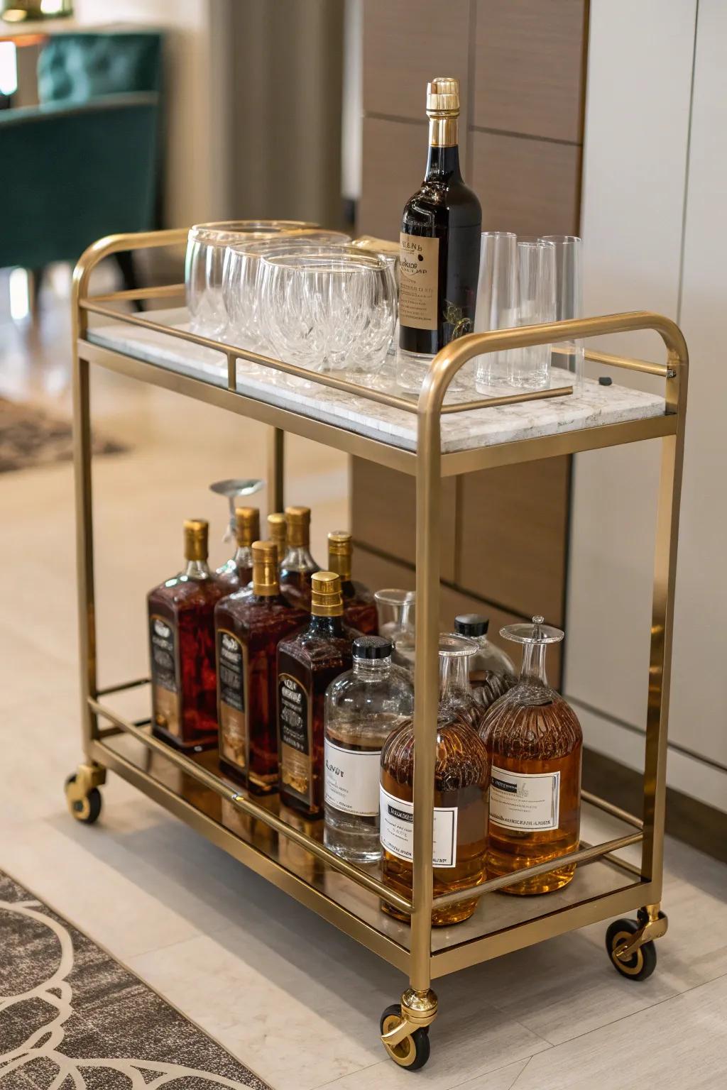 A portable bar cart offers flexibility for entertaining.