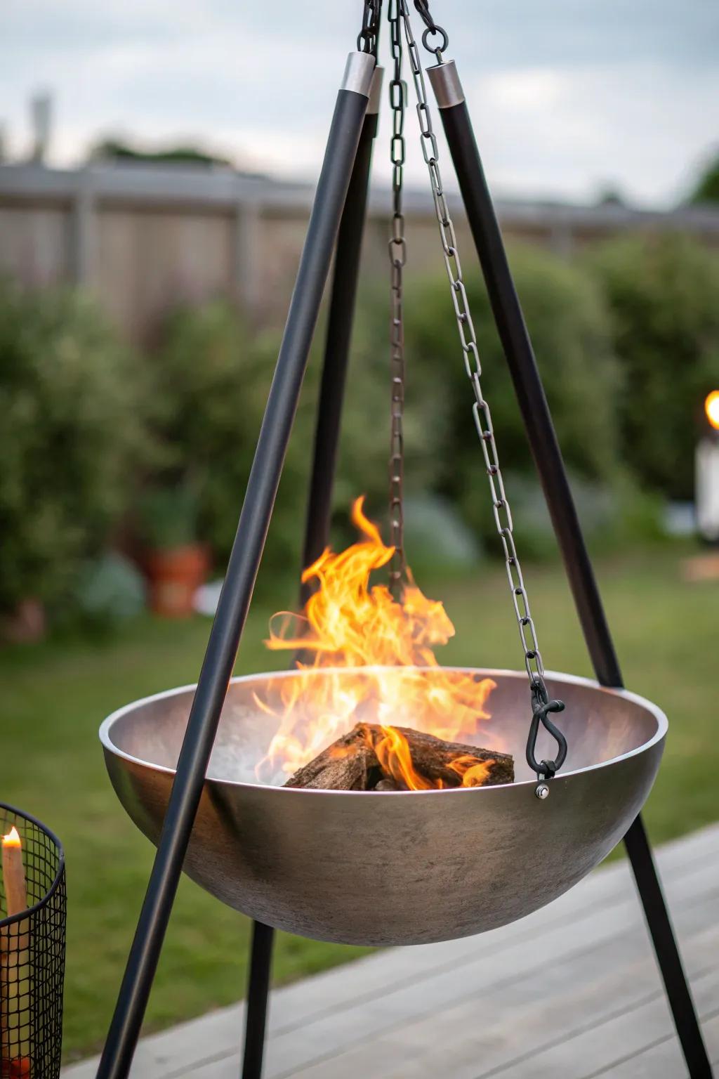 Elevate your outdoor space with a sophisticated hanging fire bowl—where modern design meets cozy warmth.