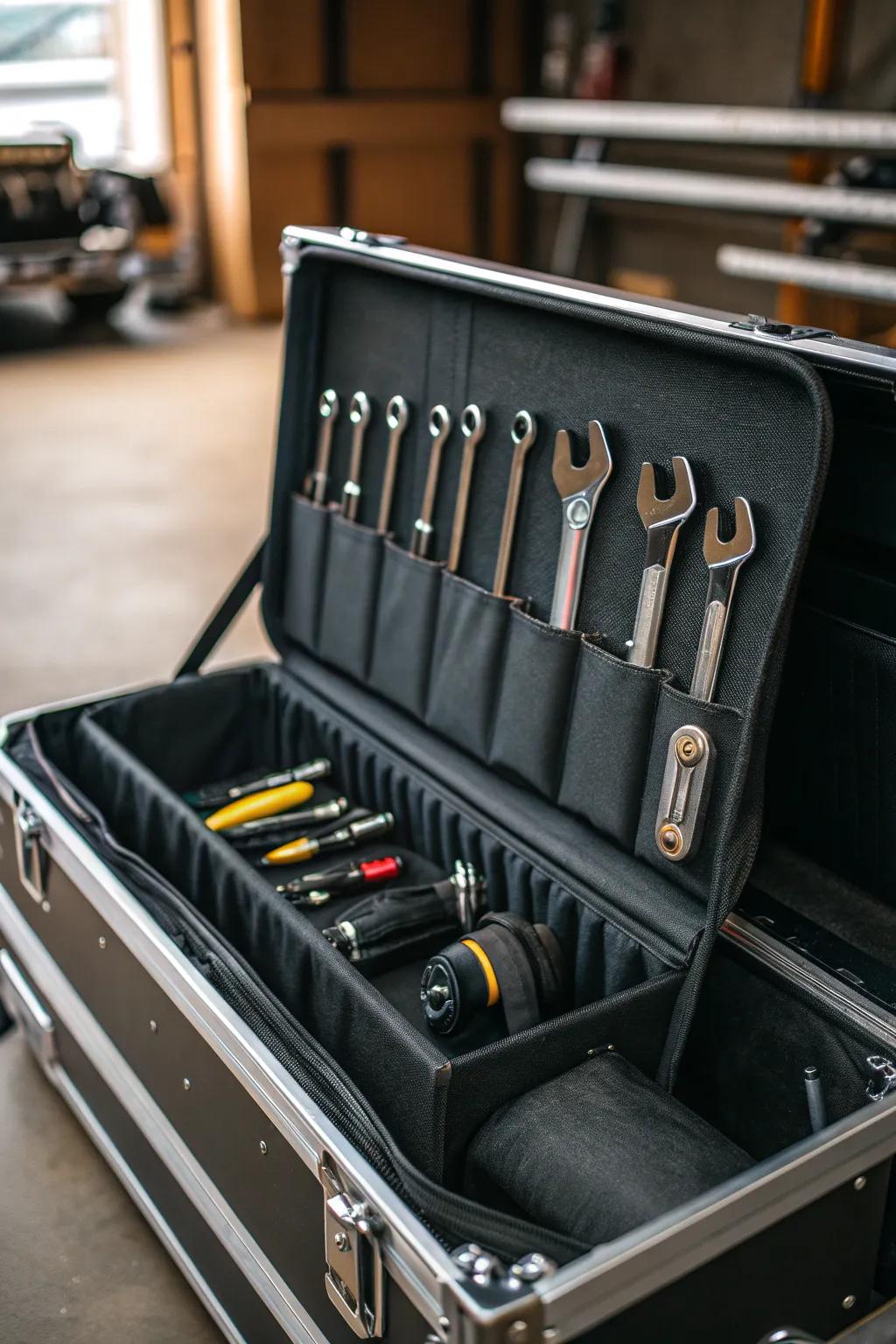 Maximize your toolbox space with stylish hanging pouches for a clutter-free workshop.
