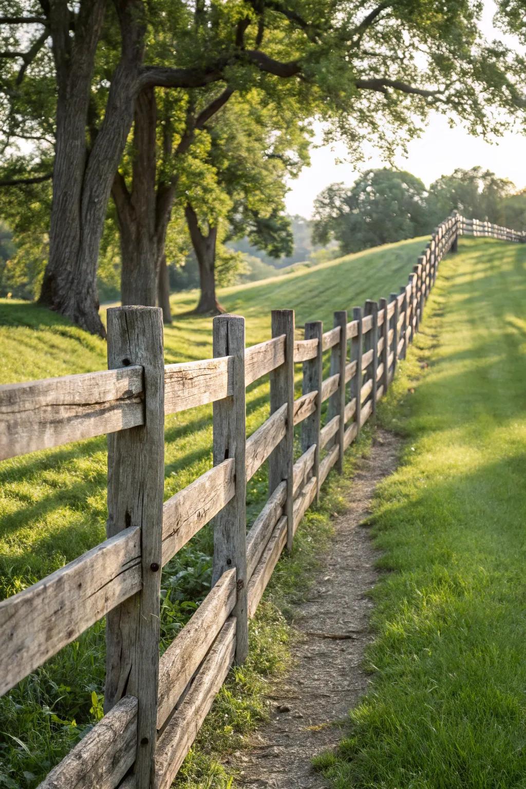 Embrace rustic elegance with a distressed wood fence that tells a story.