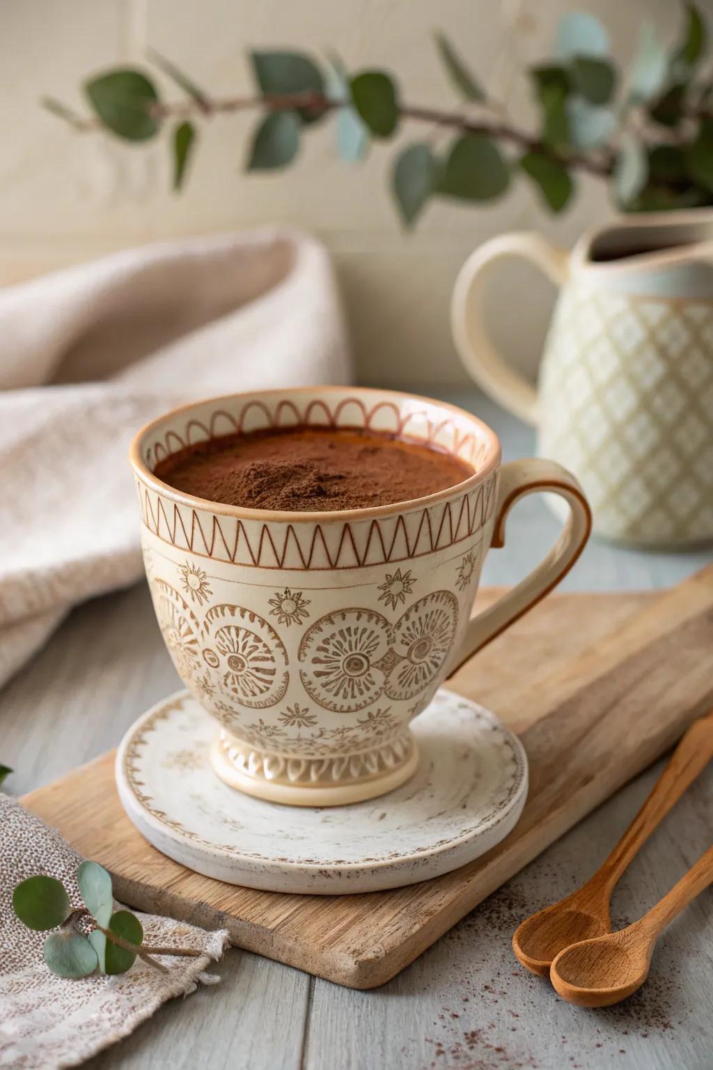 Sip in style with a vintage cup filled with homemade cocoa magic. Perfect for gifting or indulging.
