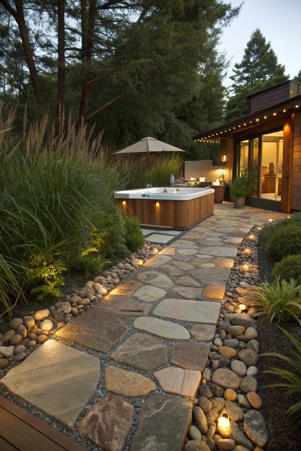 Guide your guests in style with a stunning stone pathway leading to your hot tub oasis.
