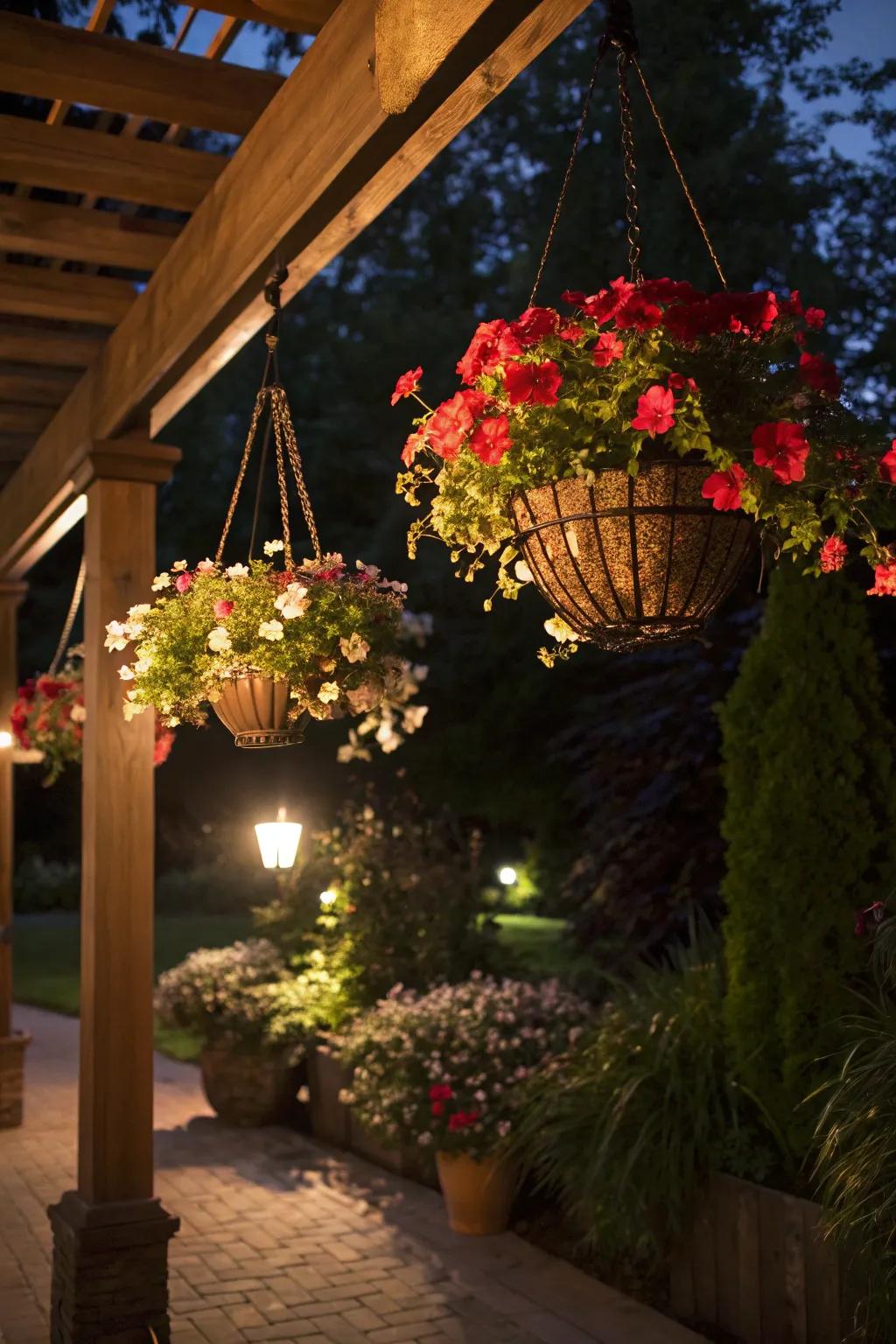 Garden lights transform begonia baskets into a nighttime spectacle.