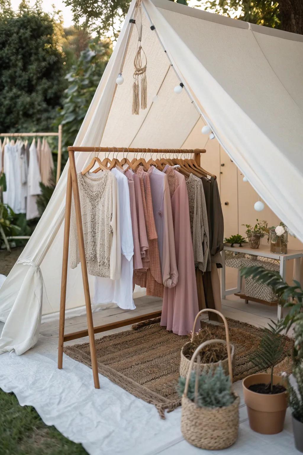 Transform your yard sale with a touch of elegance and simplicity. Discover the art of displaying clothes in a minimalist tent setting.