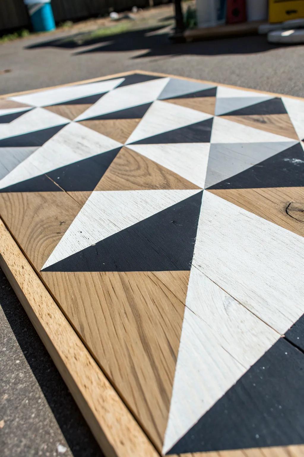 Elevate your space with striking geometric designs on plywood. Simple yet sophisticated.