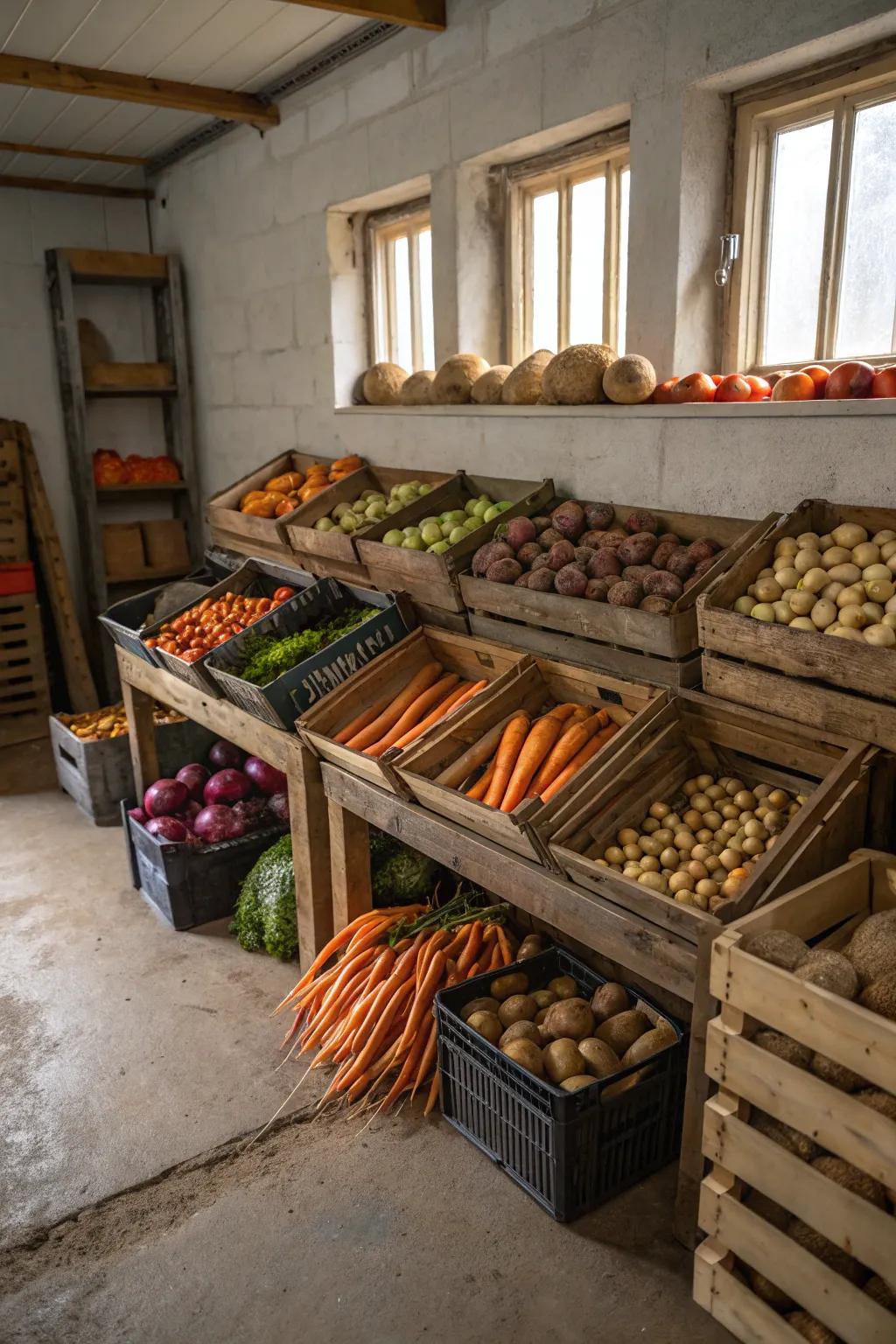 A garage corner efficiently used for large-scale root vegetable storage.