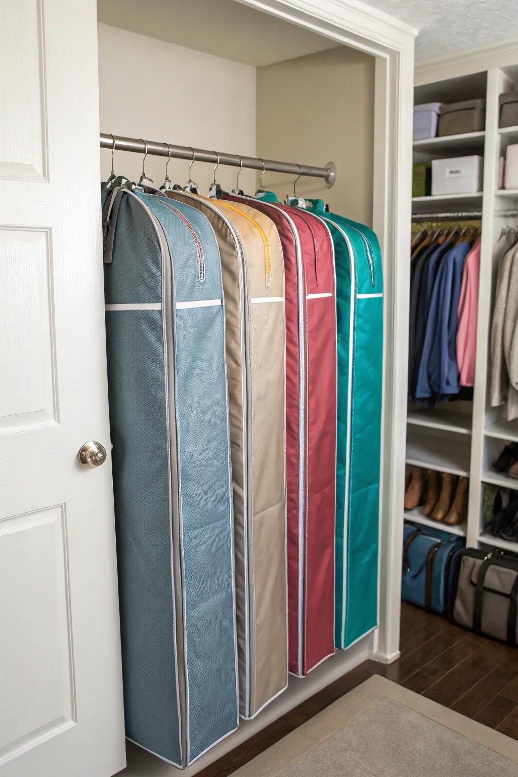 Protect your luggage with convenient hanging storage bags.