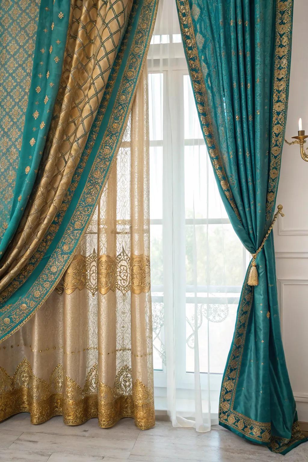 Elegant curtain drapes add a touch of royalty and sophistication.