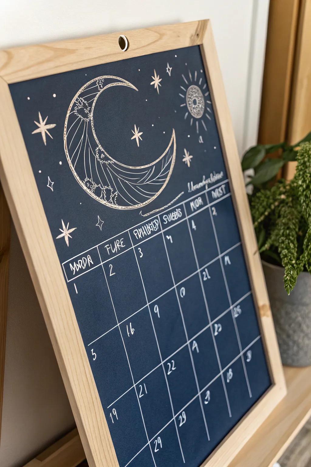 Capture the allure of starry nights with a minimalist chalkboard calendar that speaks to your inner stargazer.