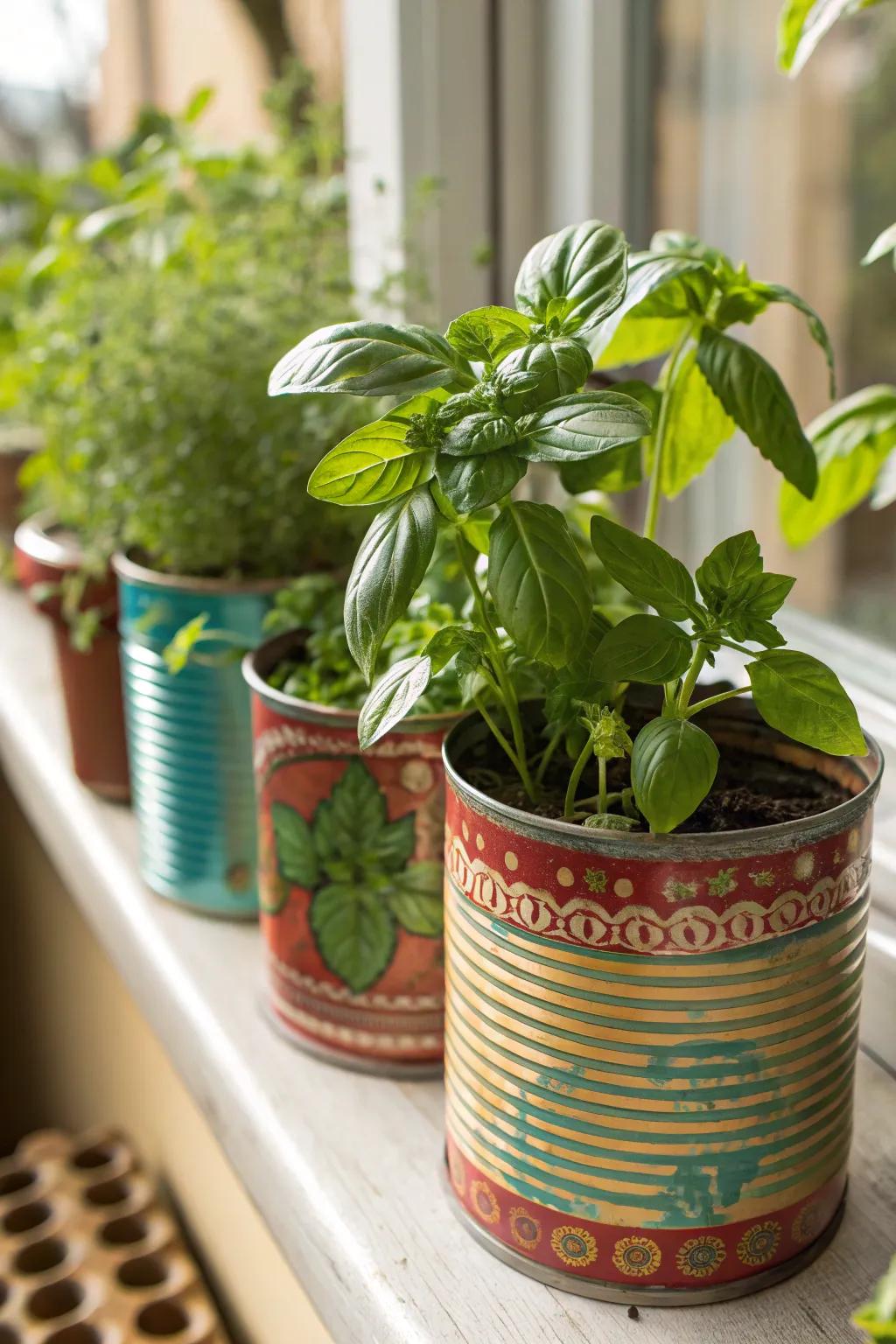 Transform your space with eco-friendly charm: vibrant herbs thriving in upcycled tin can planters.