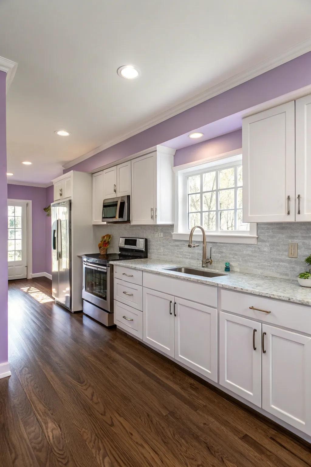 Soft lavender hues provide a calming and unique kitchen environment.