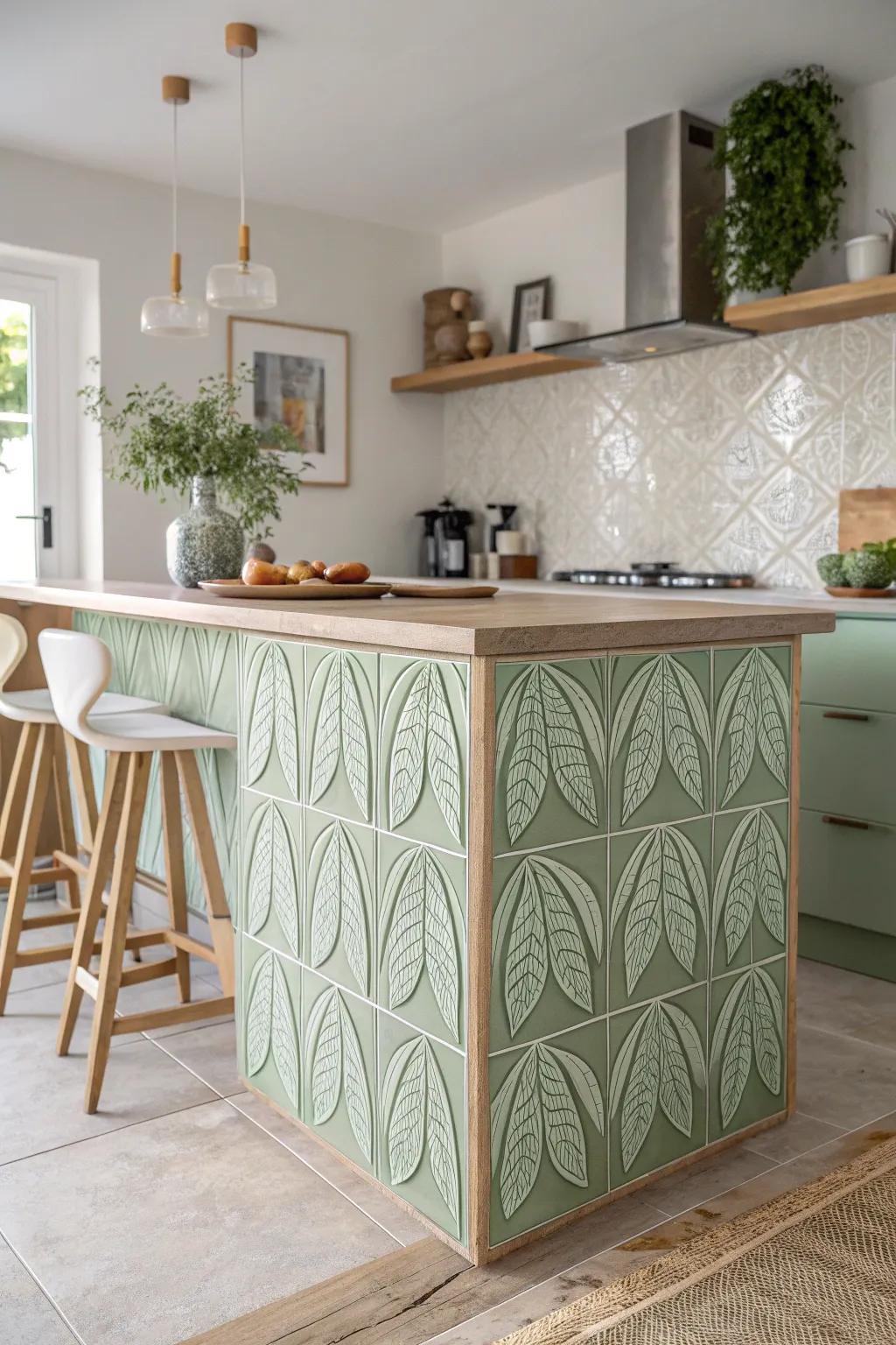 Bring the outdoors in with nature-inspired leaf motif tiles for a serene kitchen island vibe.