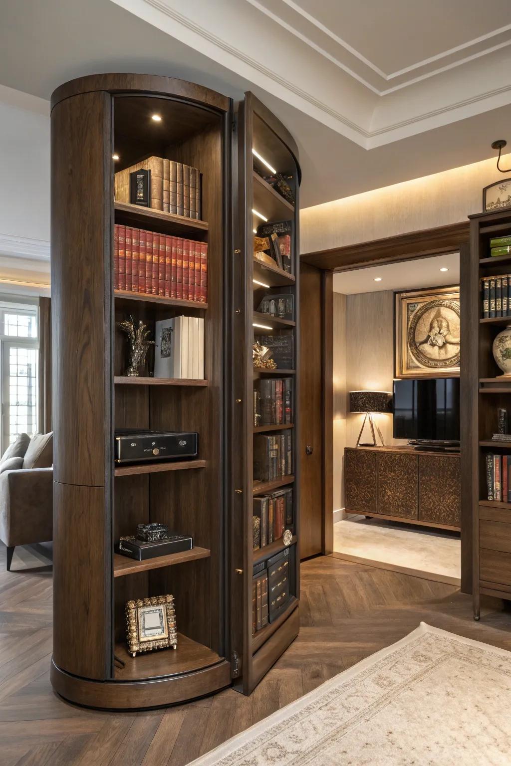 Unlock the mystery with a rotating bookcase that reveals hidden storage—where elegance meets intrigue.