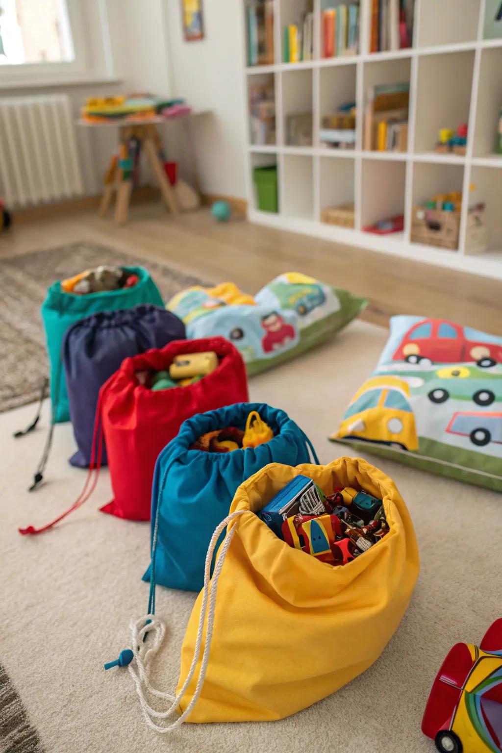 Drawstring bags offer multifunctional storage and play.