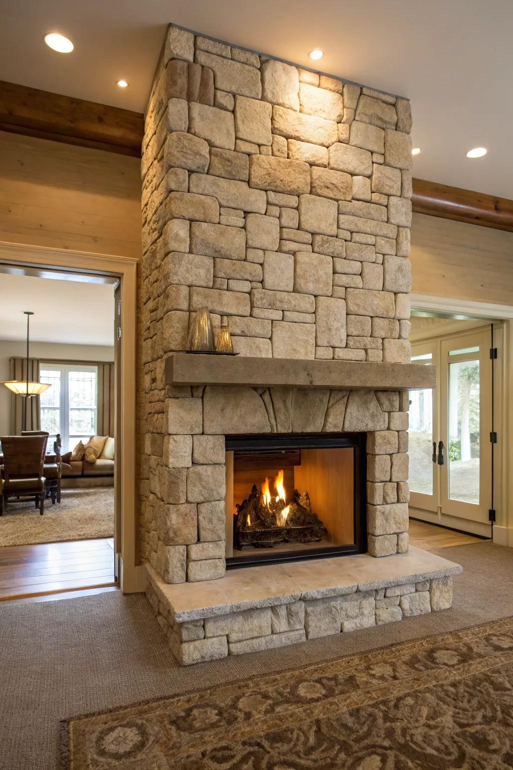 A double-sided fireplace offers warmth to multiple areas.