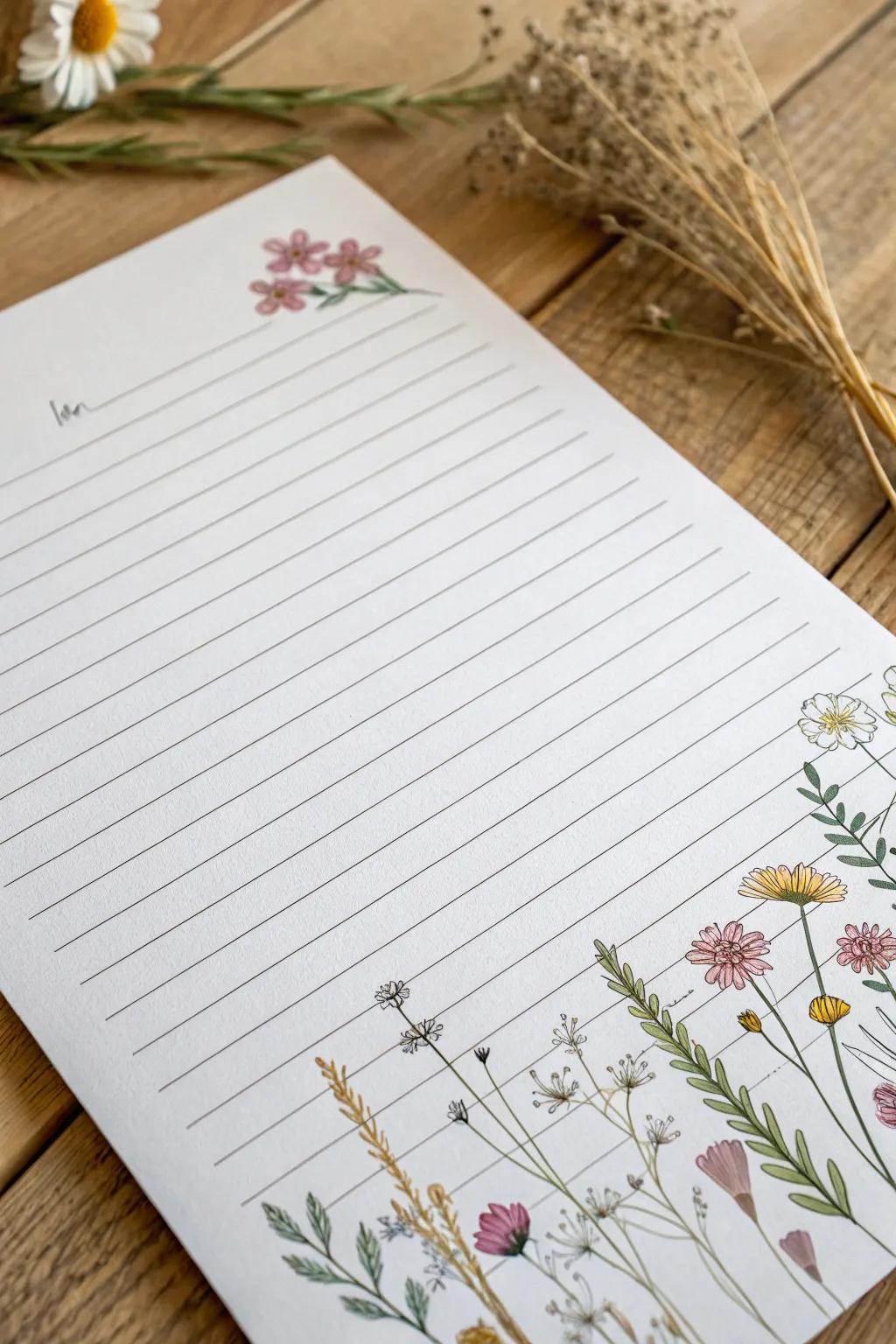 Transform your lined paper into a blooming masterpiece with wildflower sketches. Embrace simplicity and natural beauty in every stroke.