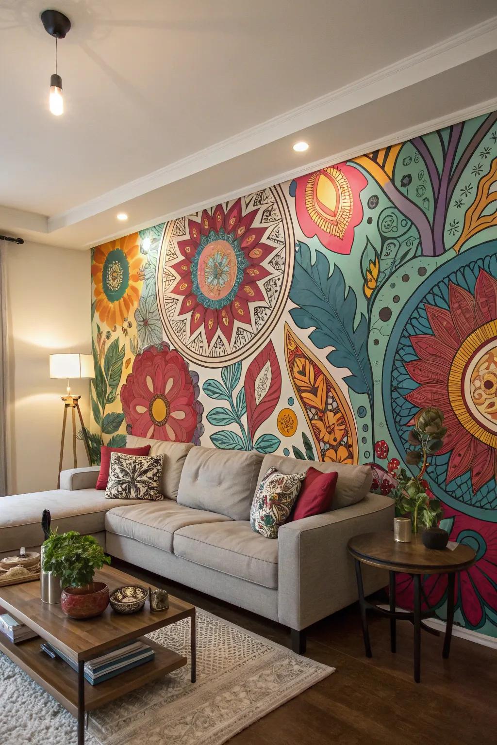 A painted mural adds a dynamic and personal touch.