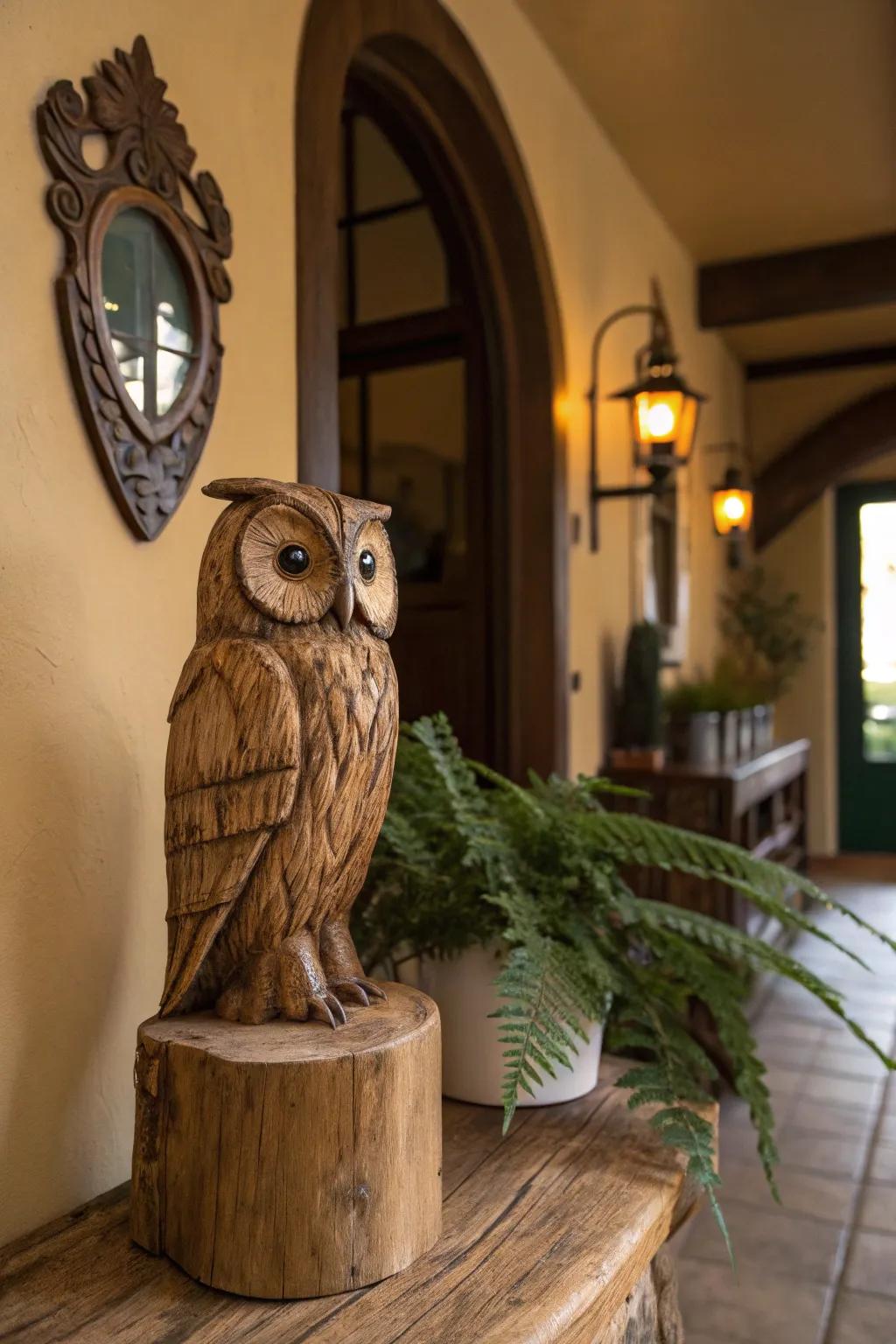 Transform your space with the enchanting allure of a handcrafted log owl sculpture.