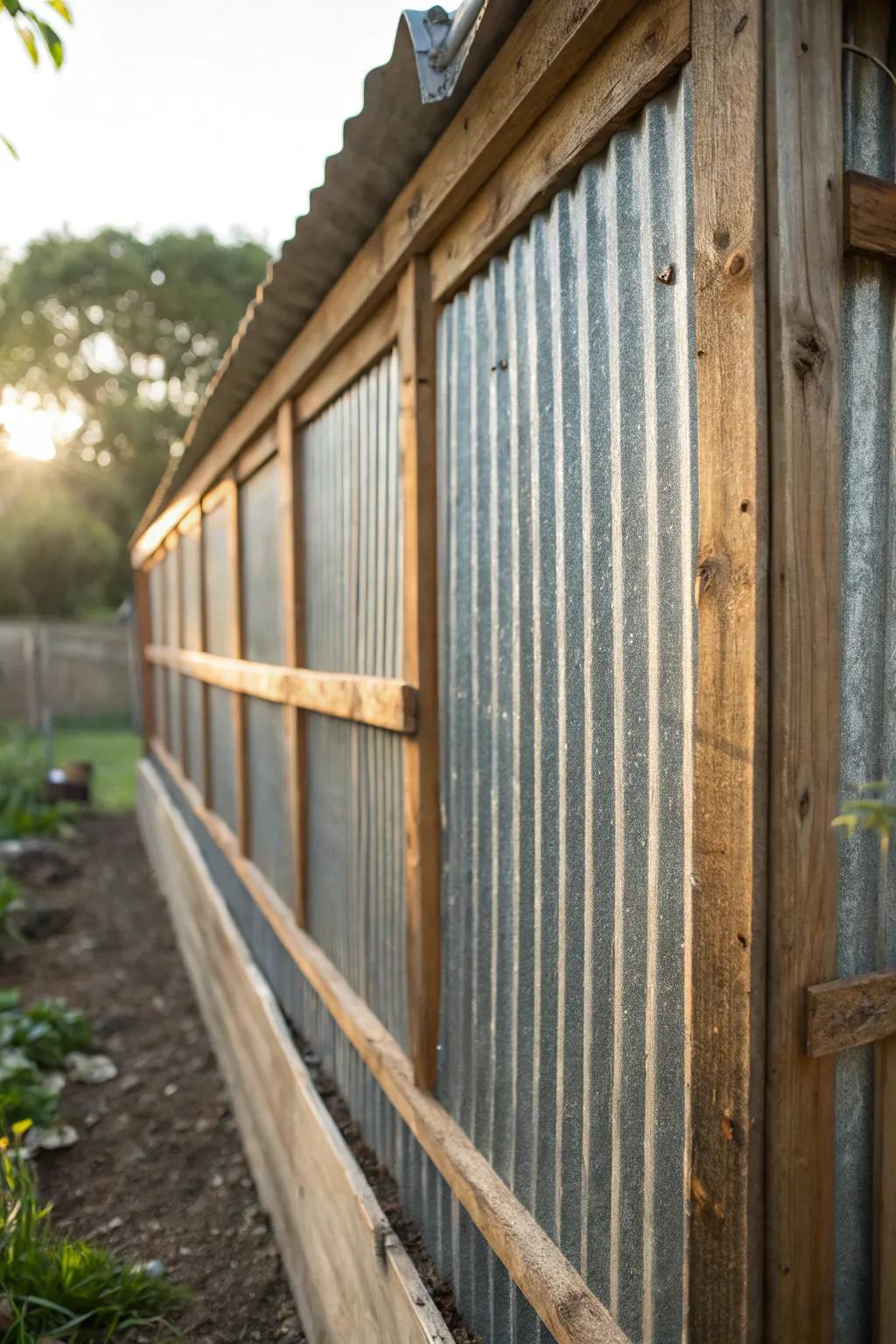 Transform your chicken coop with budget-friendly corrugated metal walls for a rustic, durable touch.