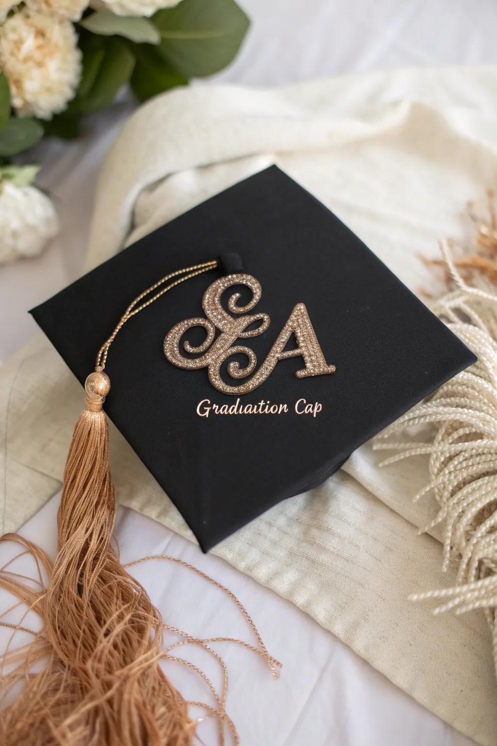 Add a touch of glamour to your graduation with a personalized glittery monogram cap. Celebrate in style!