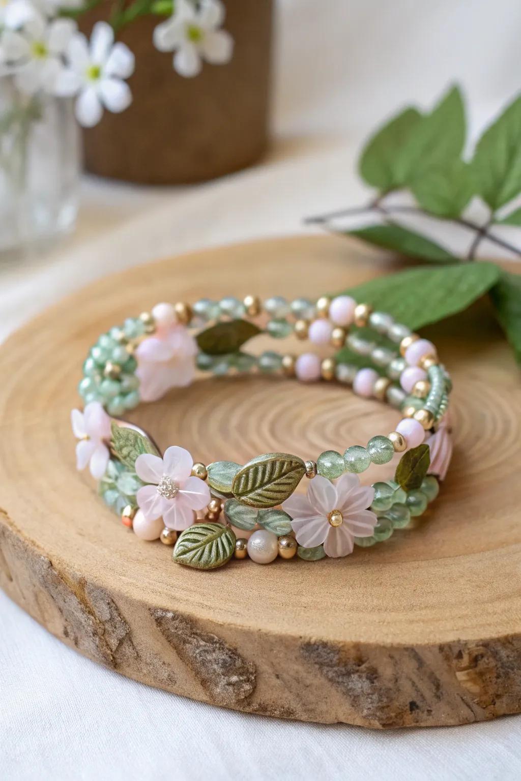 Embrace nature's elegance with a memory wire bracelet, where simplicity meets the beauty of a blooming garden.