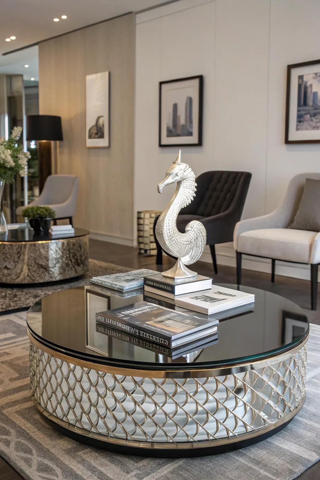 Unexpected sculptures add intrigue to your mirror table decor.