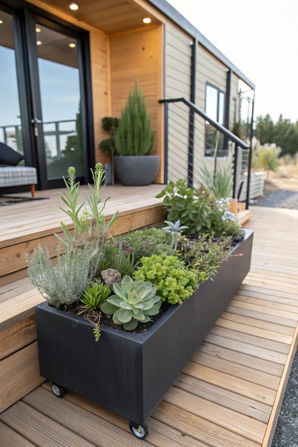 Effortless elegance with low-maintenance greenery for your mobile home deck.