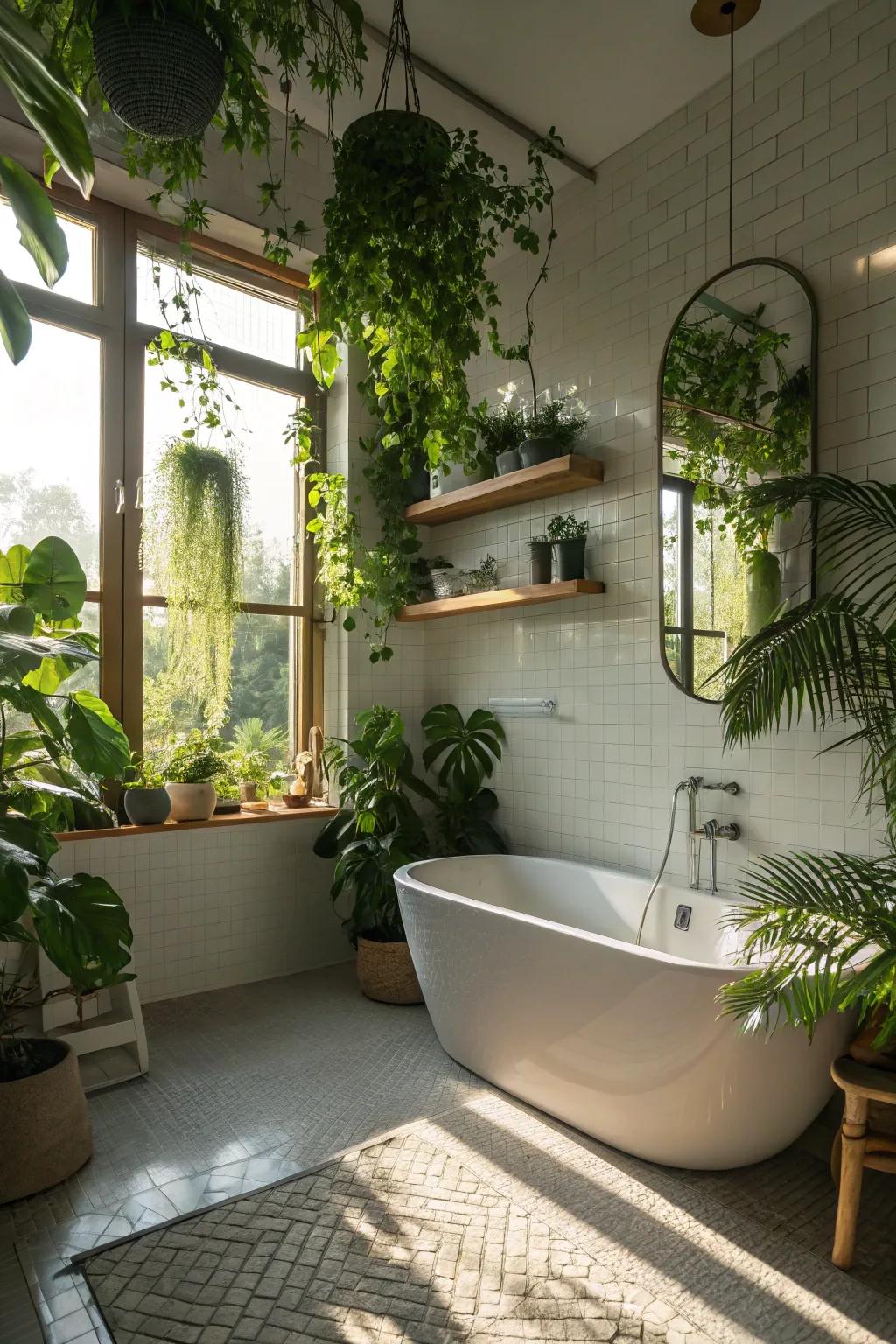 Greenery adds a touch of tranquility and nature to the bathroom.