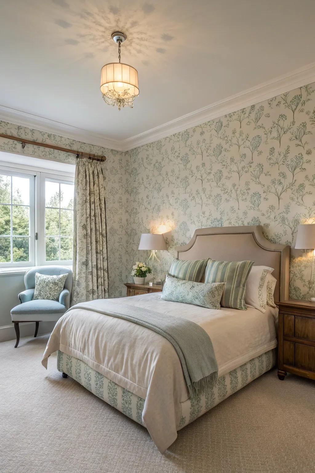 Tasteful wallpaper enhances the elegance of this guest bedroom.