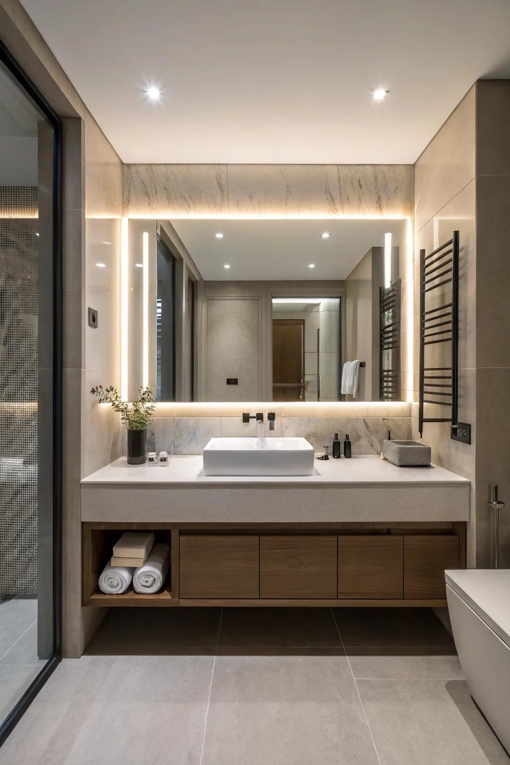 Backlit mirror adding luxury and practicality to a modern bathroom