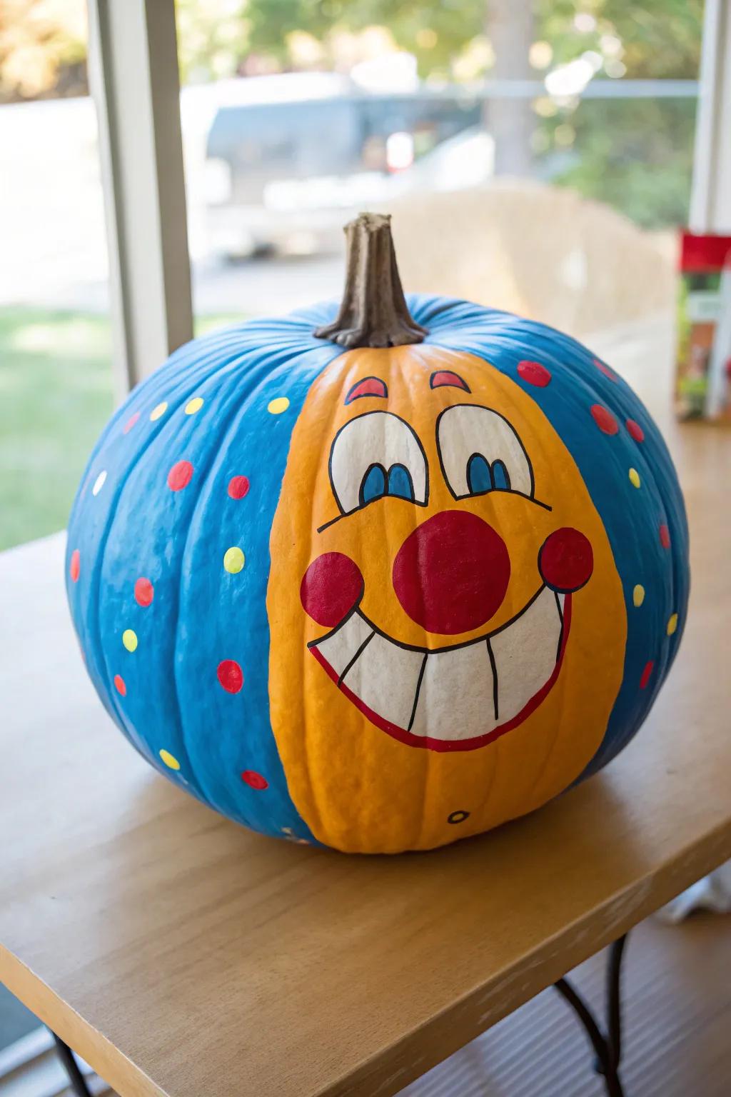 Bring joy and mystery to your decor with a vibrant clown pumpkin—where color meets craftsmanship!