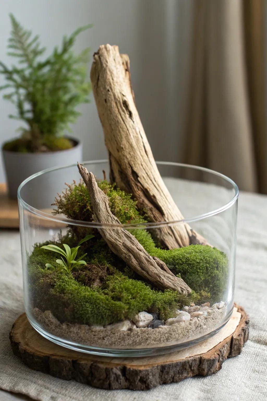 Embrace nature's elegance with a driftwood moss terrarium, where simplicity meets boho charm.