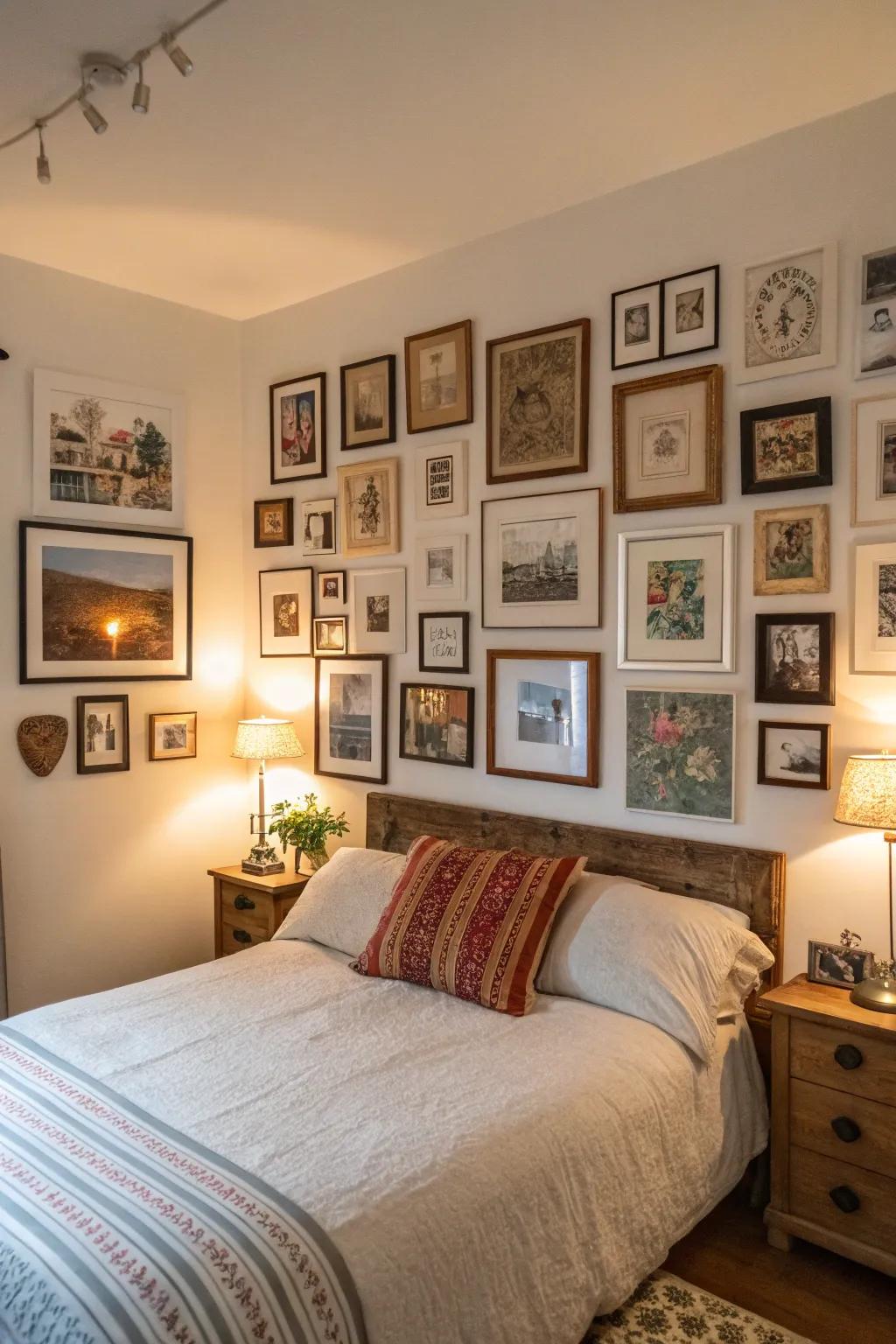 A gallery wall adds character and personalization to the space.
