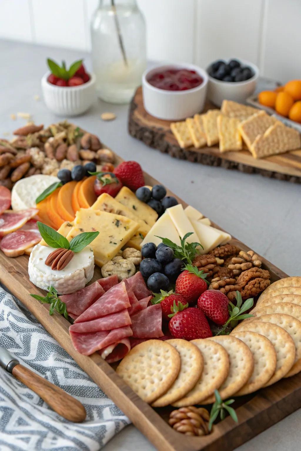 Artisanal crackers complement the board with taste and texture.