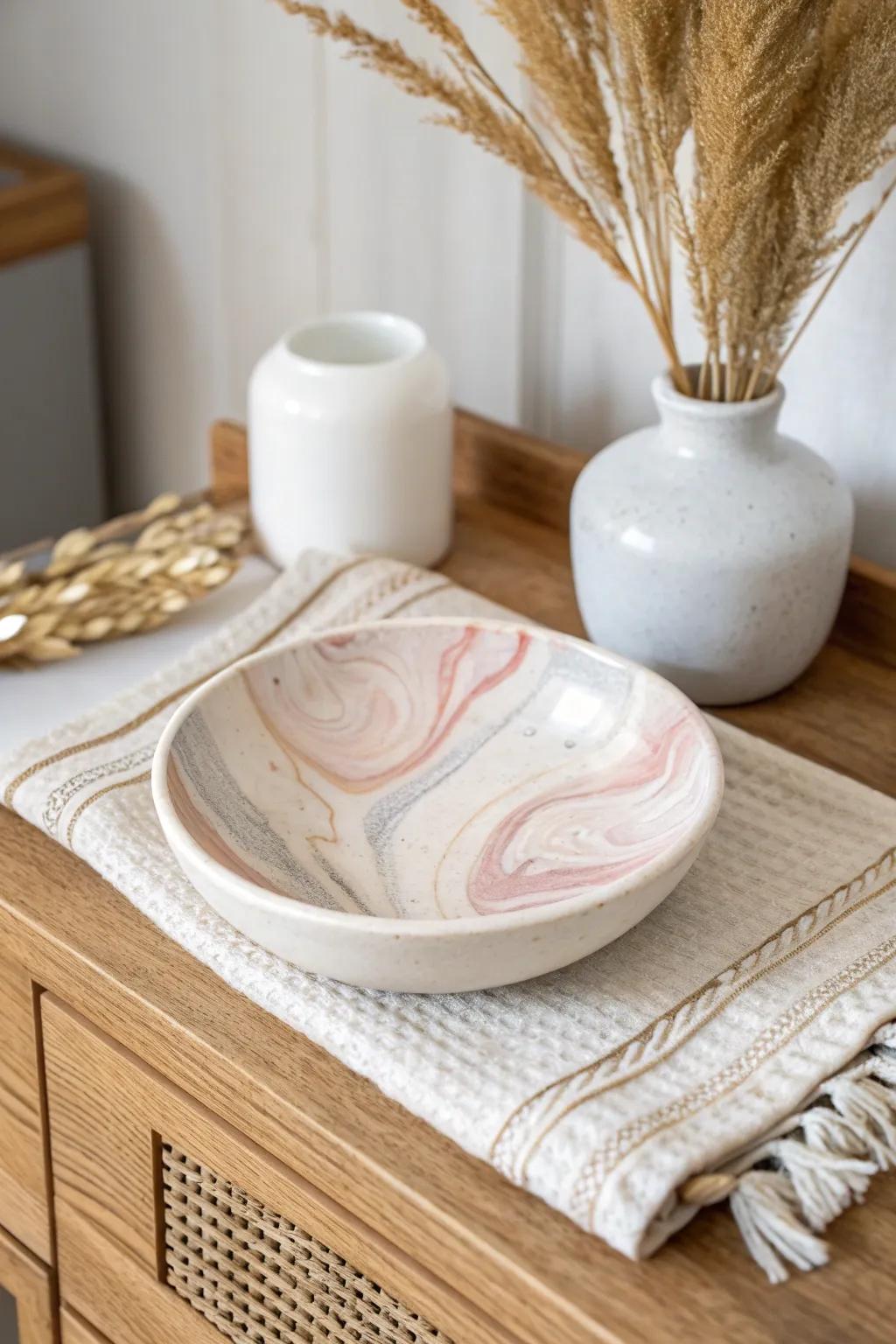 Add a touch of elegance to her dresser with this handcrafted marbled jewelry dish, perfect for displaying her favorite rings.