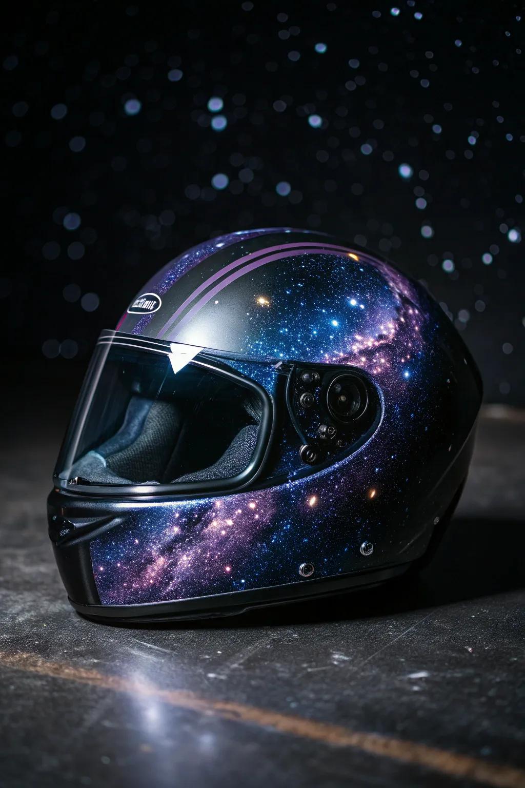 Explore the universe on your ride with this cosmic helmet design.