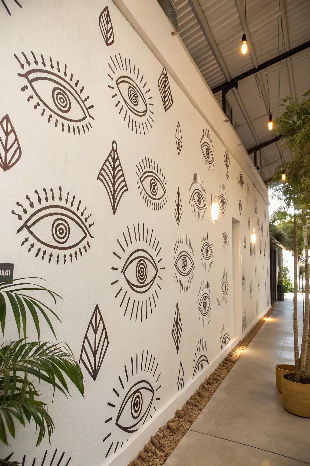 Unlock your creativity with a captivating eye pattern mural that adds mystery and charm to any space.