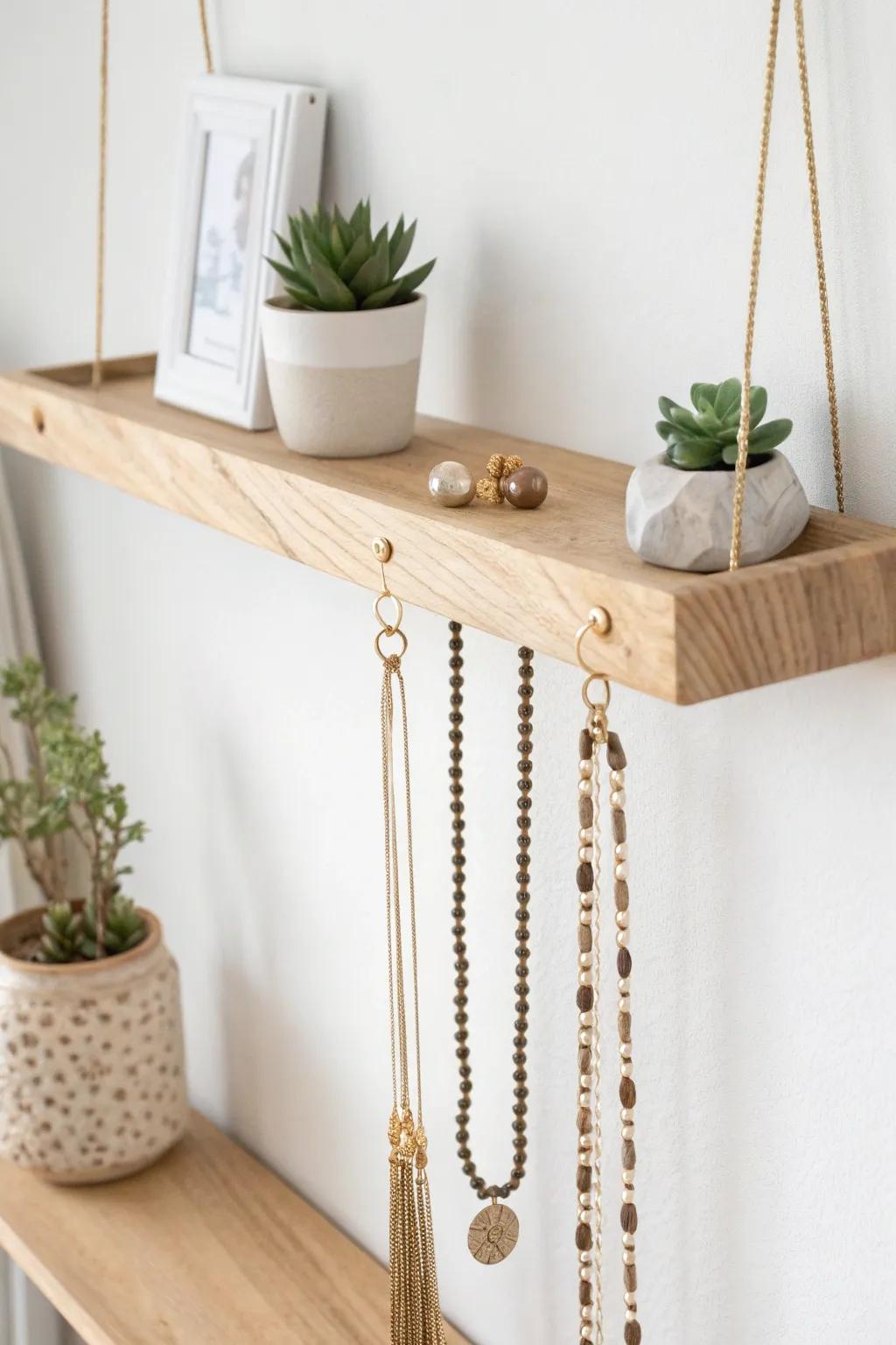 Elevate your jewelry storage with chic floating shelves and elegant hooks—where organization meets minimalist beauty.
