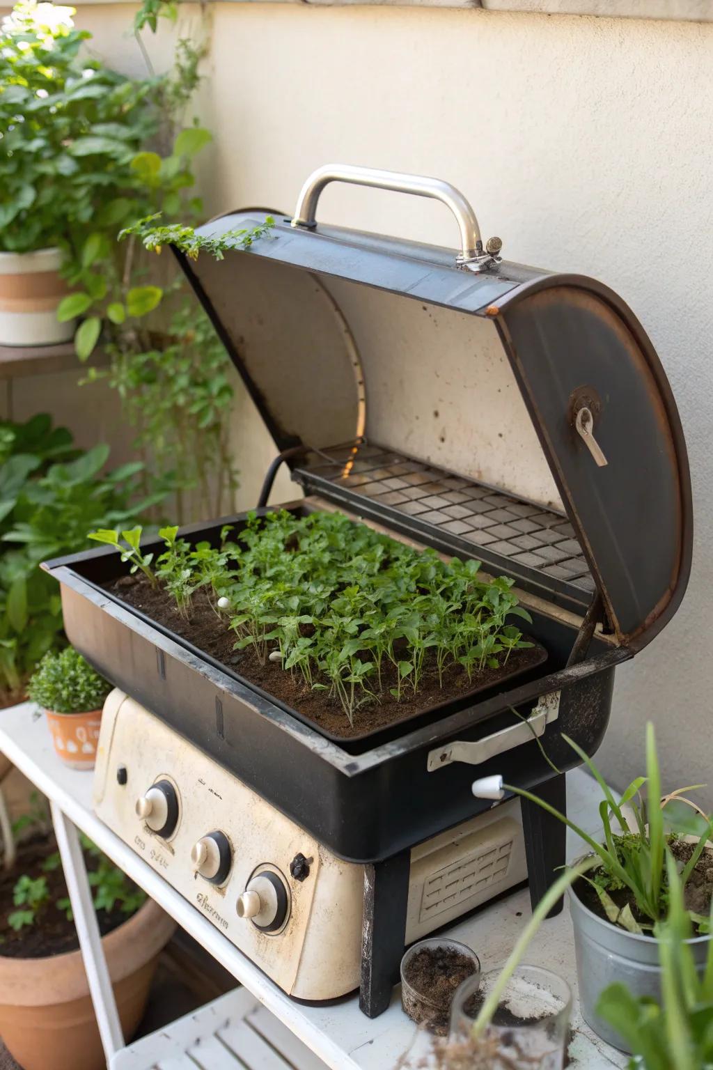 Revitalize your old grill by turning it into a flourishing mini greenhouse, perfect for nurturing new life.